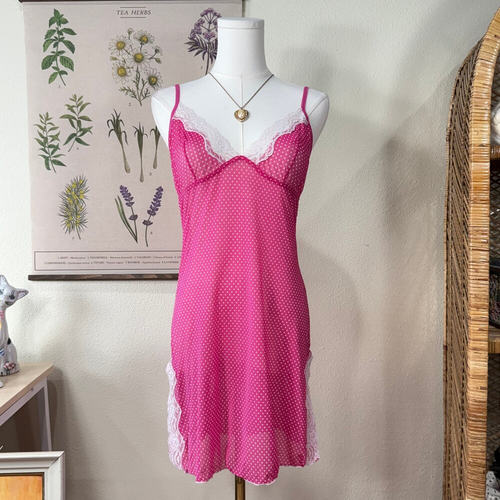 Y2k Pink Polka Dot Mesh Slip Dress Sexy Gyaru Romantic Cutecore Kawaii Trashy M